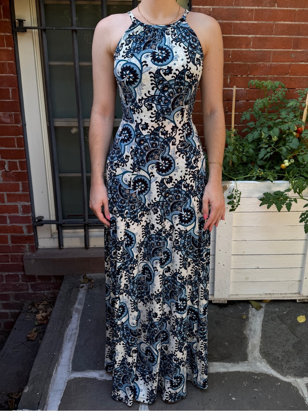 Michael Kors Cream and Blue Paisley High Neck Maxi Dress